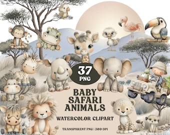 Watercolor Safari Animals Clipart: Jungle Nursery Decor (37 PNG Files)