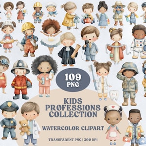 Puede incluir: Colección de imágenes prediseñadas en acuarela con 109 imágenes PNG de niños vestidos con varias profesiones. Las ilustraciones incluyen un bombero, un médico, un astronauta y más. Se muestra el texto "Kids Professions Collection".