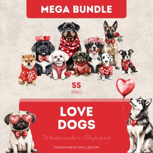 Love Dogs Clipart Bundle Watercolor PNG Cute Valentine Puppies Heart Balloons Romantic Pet Art Nursery Kids Dog Couple