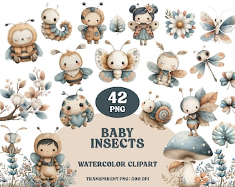 Aquarel insecten clipartbundel: babybeestjes, vlinders, tuinbloemen (PNG-bestanden, 300 DPI)