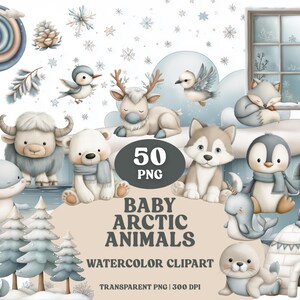 May include: Watercolor clipart featuring baby arctic animals, including a polar bear, husky, penguin, and seal. The image has a winter theme with snowflakes and a window. The text reads "Baby Arctic Animals Watercolor Clipart".