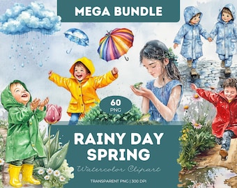 Rainy Day Spring Watercolor Clipart: Kids, Raincoats, Umbrellas (PNG)