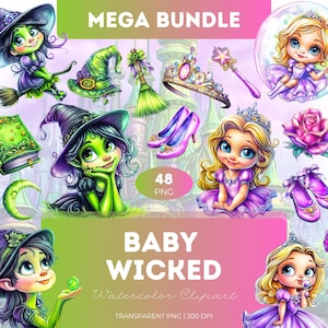 Baby Wicked Clipart Bundle Watercolor Style PNG Cute Green Baby Girl Witch Wizard Hat Broom Magic Oz Inspired Halloween Fantasy