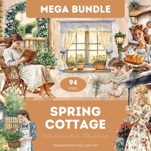 Bundle de cliparts cottage printemps PNG aquarelle maison fleurs lapin jardin printemps Nature pastel bébé animaux décoration florale