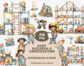 Clipart acquerello di costruzione: costruttori, camion, attrezzi (59 PNG)