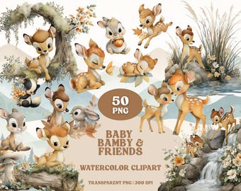 Watercolor Bambi Clipart: Woodland Animals, Forest Scene, Deer (50 PNG)