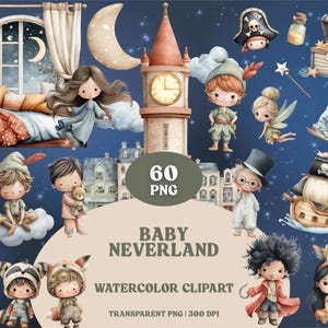Op de afbeelding: Watercolor clipart set met personages en elementen uit Peter Pan's Neverland. Bevat illustraties van Peter Pan, feeën, een piratenschip, een klokkentoren en een schatkist. De tekst "Baby Neverland" is ook inbegrepen.