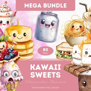 Kawaii Sweets Clipart: Watercolor Desserts, Candy, Pastries (PNG)