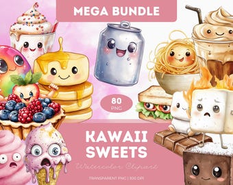 Kawaii Sweets Clipart: Watercolor Desserts, Candy, Pastries (PNG)