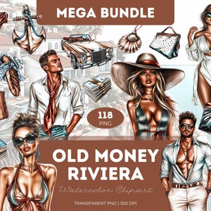 Pacchetto di clipart di Old Money Riviera PNG Vintage Estate Moda Viaggio Lusso Spiaggia Costiera Europa Stile Chic Yacht Outfit Estetica
