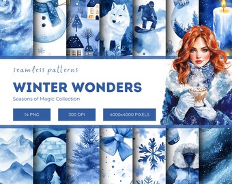 Motivi invernali ad acquerello: neve blu, disegni di ghiaccio (download digitale)