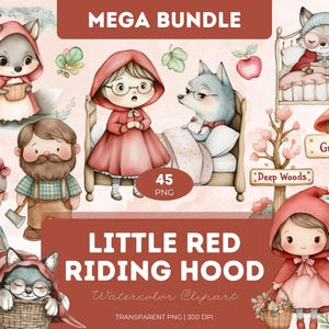 Czerwony Kapturek Clipart Bundle PNG Akwarela Bajka Dziewczyna Wilk Kosz Peleryna Domek Przedszkole Sztuka Rzemiosło Scrapbooking Sublimacja