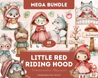 May include: A watercolour clipart bundle of Little Red Riding Hood characters. Includes Little Red Riding Hood, the wolf, the grandmother, and the woodsman. The text "MEGA BUNDLE" and "LITTLE RED RIDING HOOD" are displayed.
