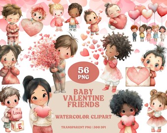 Baby Valentine Friends Watercolor Clipart | Nursery, Hearts, Balloons, Love Letters, Cupcakes, Friendship PNG