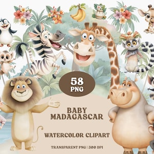 Może przedstawiać: Akwarelowa grafika wektorowa przedstawiająca różne kreskówkowe zwierzęta z Madagaskaru, w tym pingwiny, zebrę, żyrafy, lwa, hipopotama i małpy. Obraz zawiera tekst "Baby Madagascar Watercolor Clipart" i "58 PNG".