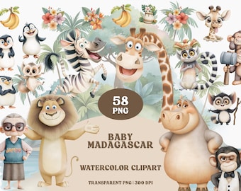 Maluchy Safari Friends – akwarelowe cliparty | Zwierzęta z zoo, Jungle Crew, Madagaskar