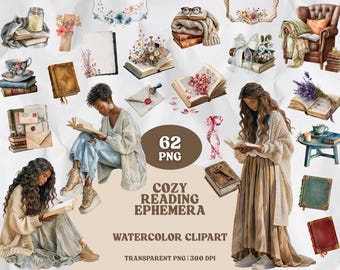 Cozy Reading Ephemera Watercolor Clipart | Vintage Books, Tea, Floral Journaling, Bookish PNG Set 62