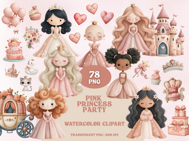 Pink Princess Birthday Clipart Bundle | Watercolor Castle, Crown, Cake ...