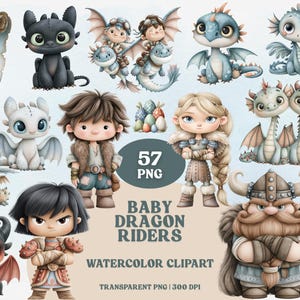 May include: Watercolor clipart set featuring baby dragons and riders. The image includes various dragon illustrations in shades of blue, green, and black, along with several human characters. Text on the image reads "Baby Dragon Riders" and "57 PNG".