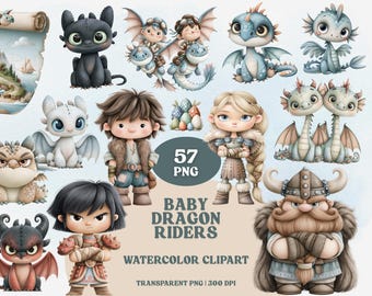 Baby Dragon Riders Watercolor Clipart | Dragons & Viking Kids, Dragon Eggs, Map, Fantasy