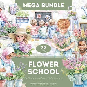 Paquete de imágenes prediseñadas de flores para la escuela, acuarela, PNG, flores para profesores, suministros de papelería, diario, sublimación, decoración del aula, manualidades, pegatinas