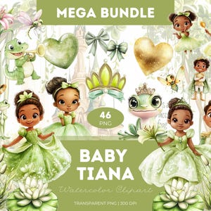 Pacchetto Clipart di Baby Tiana in stile acquerello PNG ispirato alla Principessa e il Ranocchio, vestito verde, corona, ragazza carina, festa da favola, asilo nido