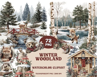 Winter Woodland Watercolor Clipart | Snowy Forest Animals, Cabin, Birch Trees, Pinecones, Christmas PNG Set