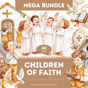 Pacchetto di clipart per bambini della fede, acquerello, PNG, storie bibliche per bambini cristiani, arte, artigianato per la scuola domenicale, diari per sublimazione, battesimo