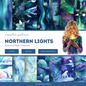 Könnte beinhalten: Ein Set mit 14 digitalen nahtlosen Mustern mit Aquarell-Illustrationen von Nordlichtern, Winterlandschaften und Eisbären. Die Muster sind 4000x4000 Pixel groß und haben 300 DPI.