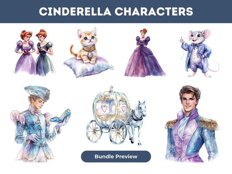 Cinderella Watercolor Clipart Bundle: Fairy Tale Princess PNG (digital ...