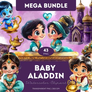 Aladdin Clipart Bundle Aquarell Style PNG Zauberteppich Prinzessin Schloss Genie Lampe 1001 Nacht Baby Charaktere Cute Nahen Osten Fantasy