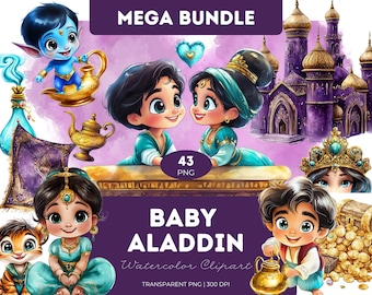Pode incluir: Um conjunto de 43 imagens de clipart de aquarela com personagens do filme da Disney Aladdin. As imagens incluem Aladdin, Jasmine, Abu, o Gênio e o tapete mágico. As imagens são perfeitas para criar convites, cartões, páginas de scrapbook e outras manualidades.