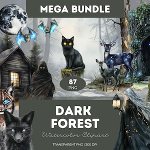 Bundle de cliparts forêt sombre style aquarelle PNG Animaux de la forêt effrayants Champignons Arbres de la nuit Chouette renard Éléments de la forêt sorcière Ambiance Halloween