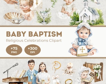 Watercolor Baby Baptism Clipart: Religious PNG Designs (Digital Download)