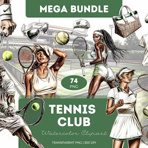 Tennisclub Clipartbundel Aquarel PNG Racket Sportveldballen Outfit Kids Match Art for Crafts Journals Sublimatie