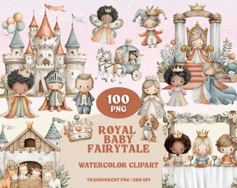 Royal Baby Watercolor Clipart: Princess, Prince, Castle (100 PNG)