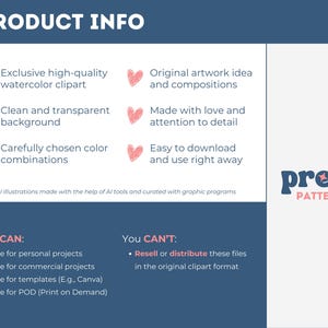 May include: A product info graphic with the text "PRODUCT INFO" at the top. The graphic lists features of the product, including exclusive watercolor clipart, clean backgrounds, and color combinations. The Pretty Pattern logo is on the right.