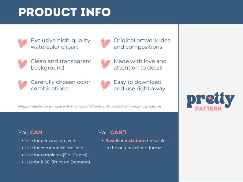 May include: A product info graphic with the text "PRODUCT INFO" at the top. The graphic lists features of the product, including exclusive watercolor clipart, clean backgrounds, and color combinations. The Pretty Pattern logo is on the right.