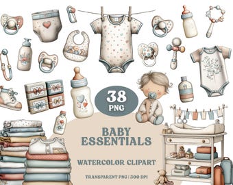Pastel Baby Essentials Clipart Bundle: Watercolor PNG Graphics (Digital Download
