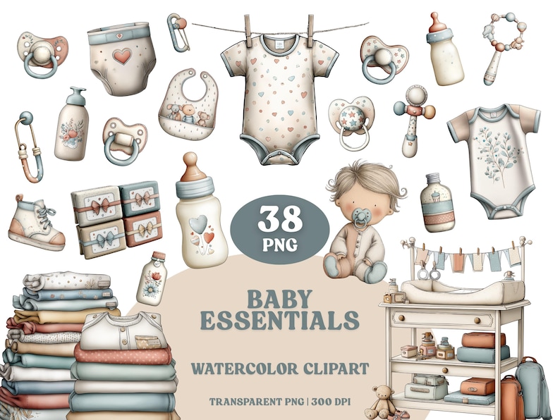 Watercolor-style baby essentials clipart bundle with 38 PNGs featuring pastel bottles, rattles, onesies, pacifiers, diapers, and more.