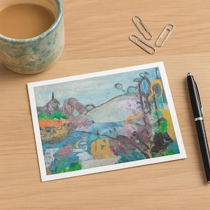 Carte postale abstraite Hillside - Imprimable 5 x 7" JPEG & PNG à télécharger - Art du paysage coloré pour offrir, tenir un journal ou afficher