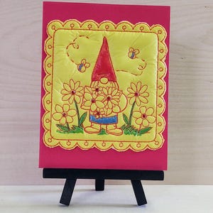 Wichtel gequiltet Stickerei Geburtstagskarte Wand Kunst Andenken Gelb Sonnenblumen Liebe Rote Edelsteine Hand Gemalt Geschenk Bienen Frühling Garten Gruß