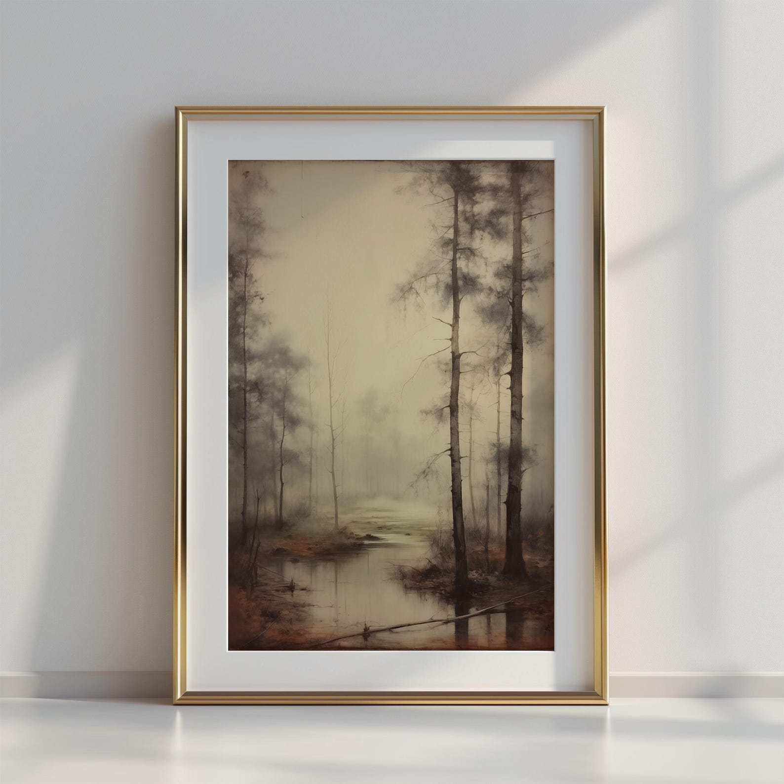 Misty Forest Landscape Art Print | Atmospheric Moody Creek Trees Oil ...