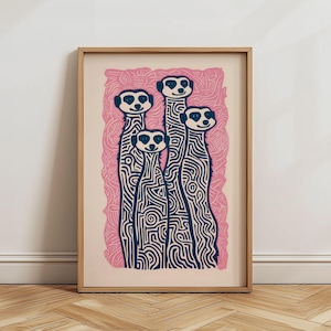 Meerkats Art Print | Abstract Street Art Design | Navy Blue Pink Contemporary Animal Wall Decor | Minimalist Quirky Graffiti Animal Poster