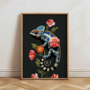 Chameleon Wall Art Print | Maximalist Tropical Lizard Artwork | Vibrant Jungle Animal Poster | Exotic Botanical Decor for Living Room Office