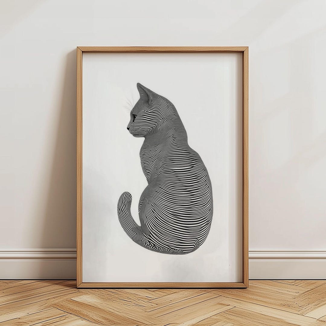 Black and White Cat Art Print, Minimalist Animal Illustration With Line ...