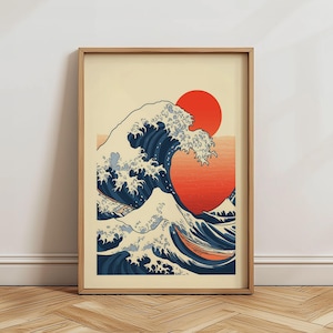 Japanese Wave Art Print, Ocean Sunset Wall Decor, Bold Red Sun Coastal Artwork for Modern Home Styling and Unique Decor, Cresting Wave Print