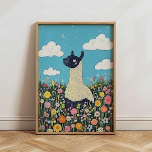 Arte de pared de llama juguetona / Animal del bosque brillante y colorido / Impresión digital para guardería, sala de juegos, habitación de niños o habitación infantil, descargable e imprimible