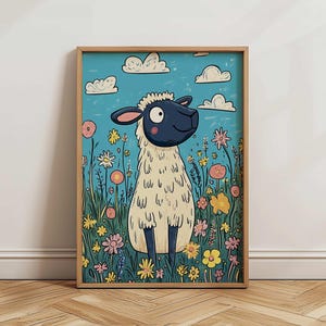 Lindo arte de pared de cordero / Animal de bosque de dibujos animados colorido y brillante / Impresión digital para guardería, sala de juegos, habitación infantil, descargable e imprimible