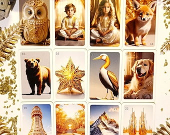 以下が含まれることがあります： 金色のアクセントと動物、人、物のイラストが描かれたタロットカード10枚セット。カードは12から22まで番号が付けられています。
